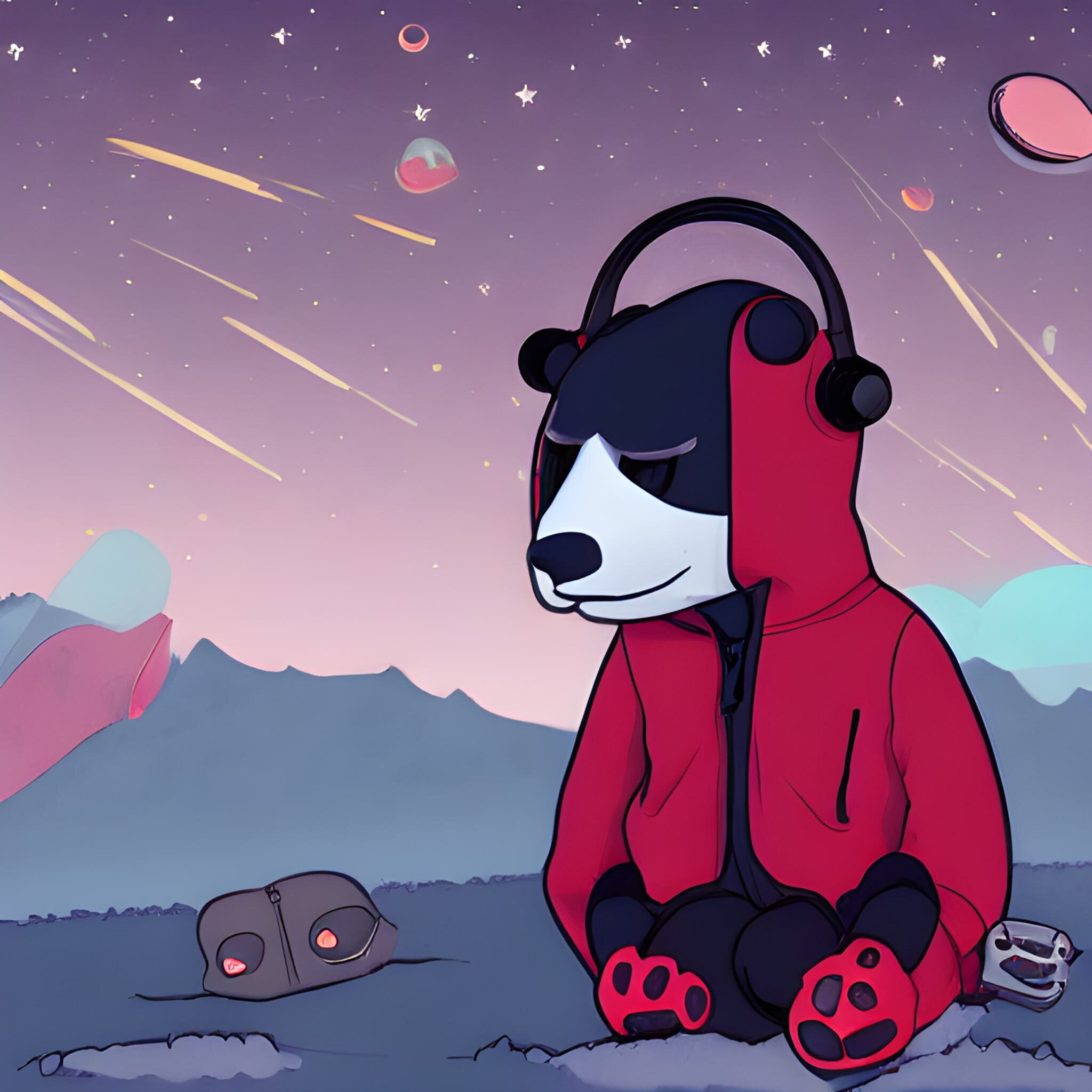 Background image of a panda, wearing a hooded sweatshirt, grooving to some tunes. The panda is outside, and there are numerous strange objects in the sky. 